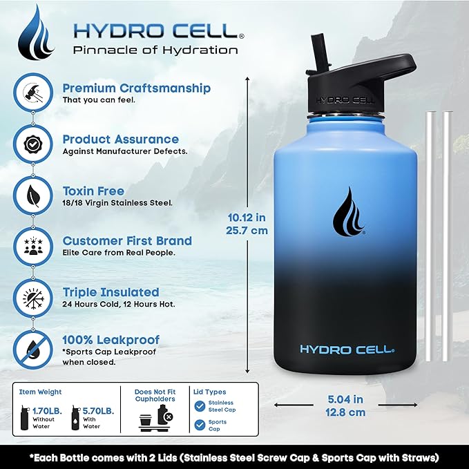 HYDRO CELL Stainless Steel Insulated Water Bottle with Straw - For Cold & Hot Drinks - Metal Vacuum Flask with Screw Cap and Modern Leakproof Sport Thermos for Adults (Blue/Black 64oz)