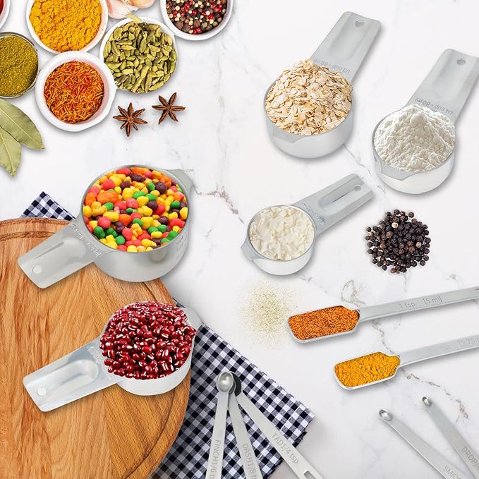 18PCS Measuring Cups and Spoons Set, Includes 7 Stainless Steel Nesting Cups, 6 Rectangular & 5 Mini Measuring Spoons Fits Narrow Jars, Kitchen Gadgets for Cooking & Baking