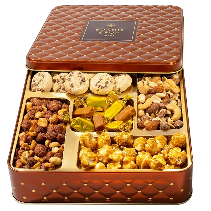 Holiday Snack Assortment Gift Basket- Cookie and Nuts Gift Tin- Gourmet Treat Variety Present in Keepsake Tray– Gift Idea for Men, Women, Him, Her- Bonnie and Pop