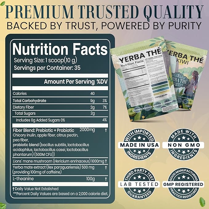 Ancient Diosa - Yerba Mate Tea Powder 350g, 35-Servings - Kiwi Flavor Clean Energy Drink Superfood - Support Gut Health with Probiotics and Prebiotics, Reduce Brain Fog, Relaxation and Focus Blend