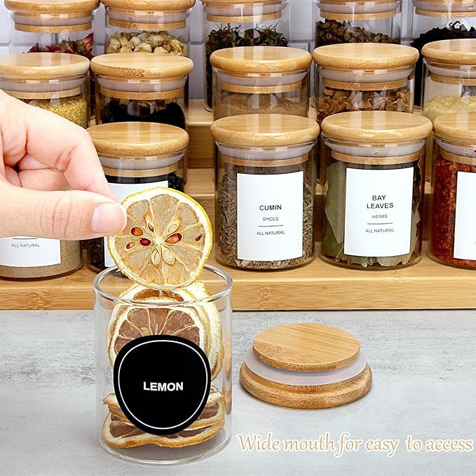 4OZ Glass Spice Jars with Bamboo Lids and 315 Labels, 10 Pcs Clear Food Storage Containers for Kitchen Sugar Salt Coffee Tea Beans