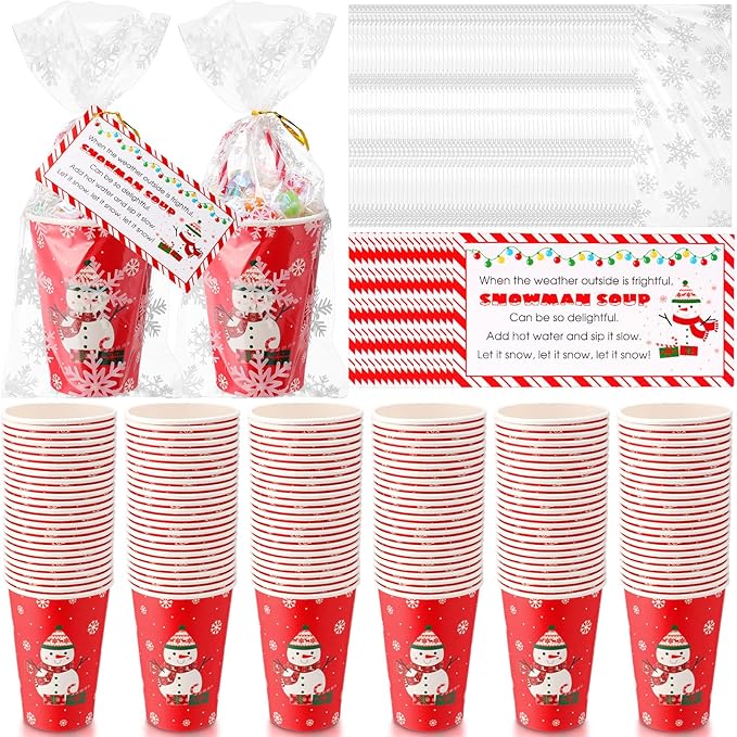 50 Sets Christmas Snowman Soup Kits for Classroom Coworker Gift 12 Oz Winter Snowman Paper Cups for Hot Cocoa Chocolate Marshmallow Soup Tags Clear Xmas Bags (Vibrant)