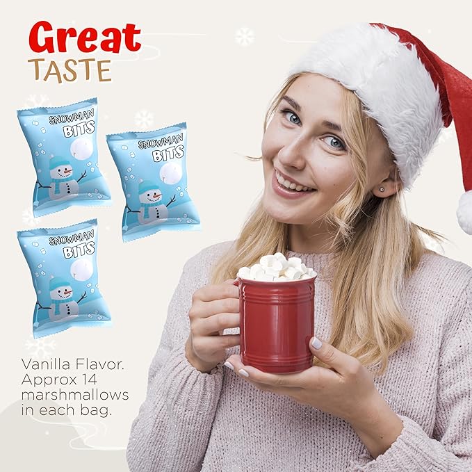 4E's Novelty 50 Packs "Snowman Bits" Mini Marshmallow Packets, Vanilla Flavored, 14 Marshmallows in Each Bag, Bulk Individually Wrapped Christmas Marshmallows For Hot Chocolate Bar Supplies Party Treats
