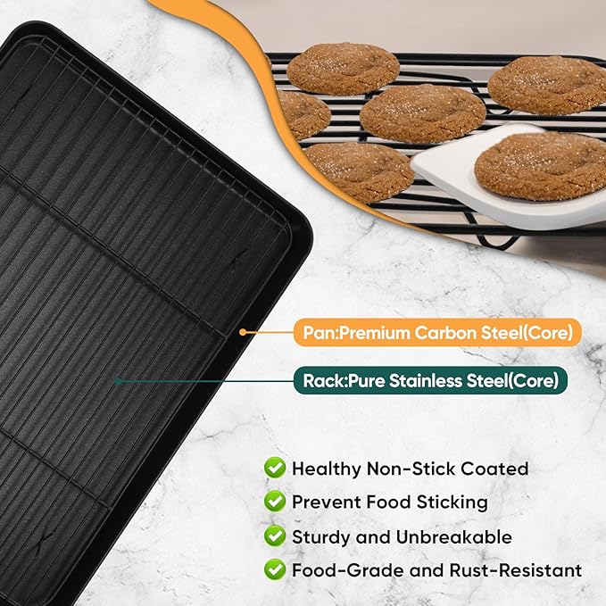 P&P CHEF Baking Oven Sheet Pan with Rack for Cookie, Nonstick Oven Tray and Cooling Rack for Baking & Roasting, Easy Clean, Black, 16 x 12 Inch