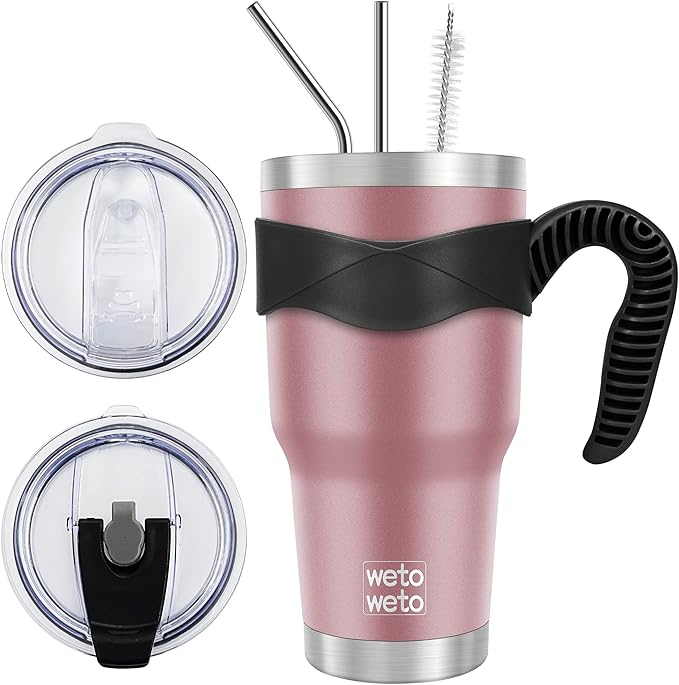 WETOWETO 30 oz Tumbler Stainless Steel Vacuum Insulated Coffee Cup with Handle, Double Wall Vacuum Coffee Cup Thermal Cups for Hot and Cold drinks, Suitable for Travel(Rose Gold, 1 Pack)