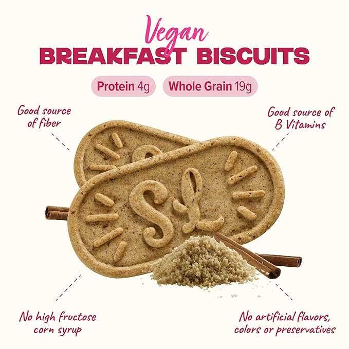 Sweet Loren's Vegan Breakfast Biscuits | Cinnamon Sugar | 4g Protein, 19g Whole Grains | Plant Based, Gluten Free, Dairy Free, Nut Free Snacks | 6 Pack (30 Total Biscuits, 1.6 ounce each)