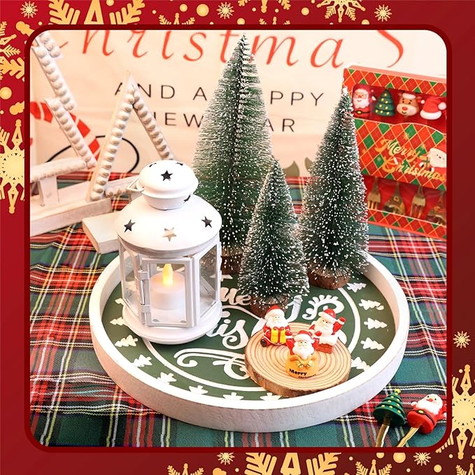 Christmas Wood Decorative Ottoman Tray for Coffee Table Kitchen Counter, Living Room, Round Handcrafted Green Wooden Serving Tray for Table Centerpiece
