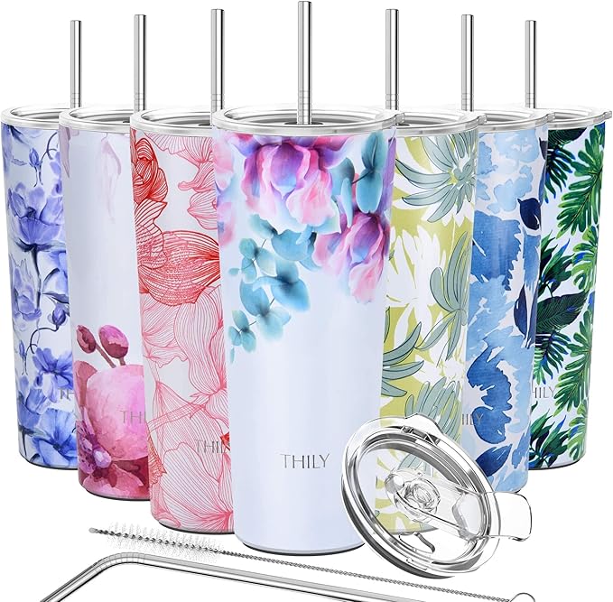 THILY Stainless Steel Vacuum Insulated Tumbler Travel Mug 26 oz Coffee Cup with 2 Lids and Straws, Splash Proof, Keep Ice Drinks Cold, Pink Lilies