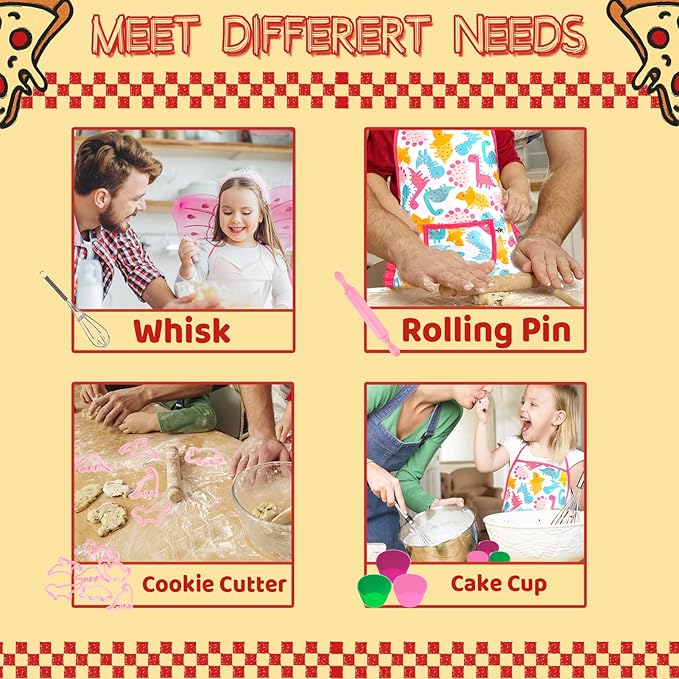 KAEGREEL Kids Baking Set 26Pcs with Dinosaur Apron & Hat Cooking Chef Dress Up Role Play Toys, Kitchen Toys Pretend Play Gifts for Girls Boys Aged 3 4 5 6 8 Years Old