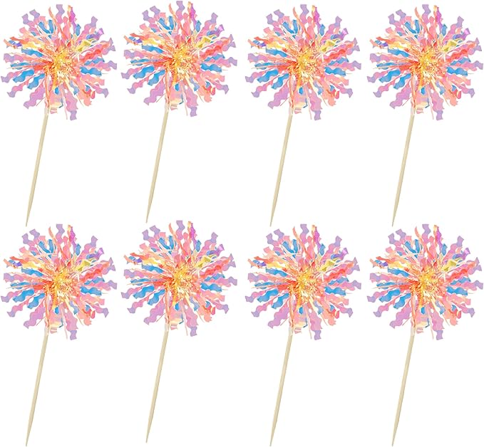 Ephlyn 30Pcs Foil Firework Cupcake Toppers Happy Birthday Cake Toppers Tinsel Flower Drink Stirrers Cocktail Food Fruit Toothpicks for Valentine's Day Party Decorations Orange