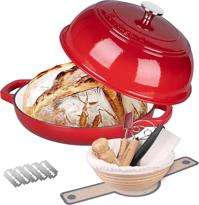 Enameled Cast Iron Dutch Oven Pot with Lid, Bread Oven for Sourdough Bread Baking, Dutch Ovens with Bread Proofing Basket& Baking Supplies Set, 6 Quart, Red