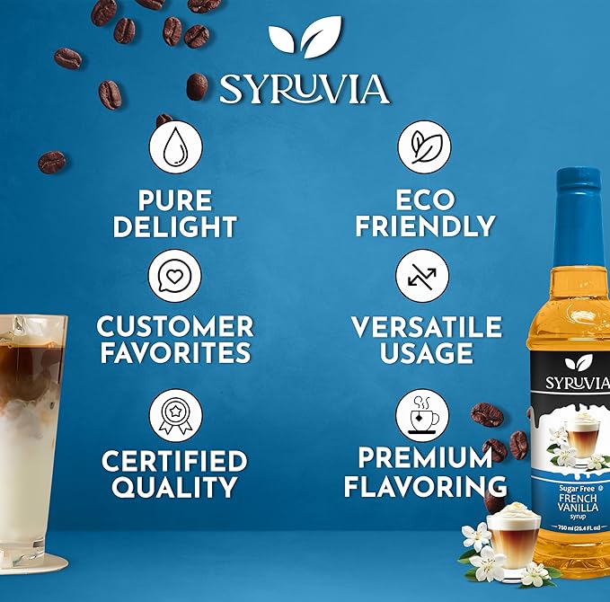 Syruvia Sugar Free Coffee Syrup, French Vanilla Flavored Syrup for Drinks, Lattes, and Desserts – 25.4 fl oz