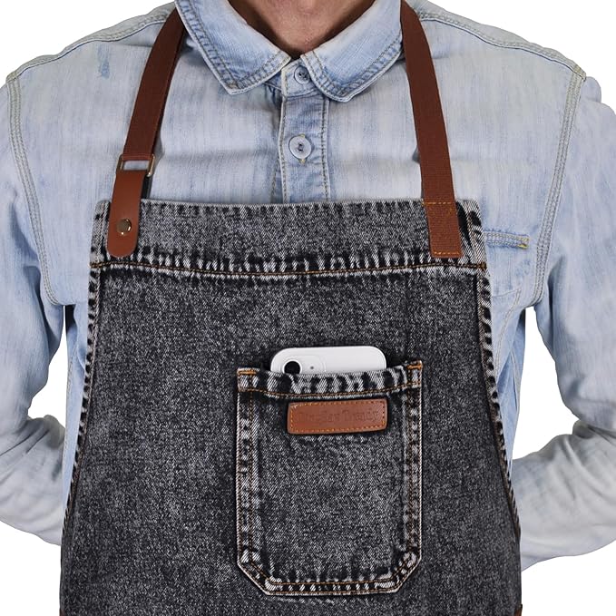 Denim Apron with Pockets, Mens Womens Professional Black Kitchen Bib Apron for Chef Cooking Grill BBQ, with Towel Loop and Adjustable Neck Straps