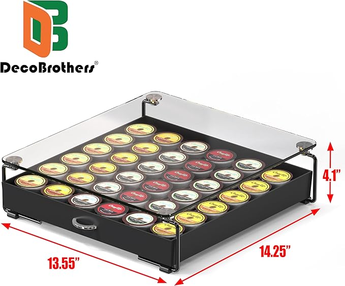 DecoBrothers Crystal Tempered Glass Holder Drawer for 36 Coffee Pods Storage, Black