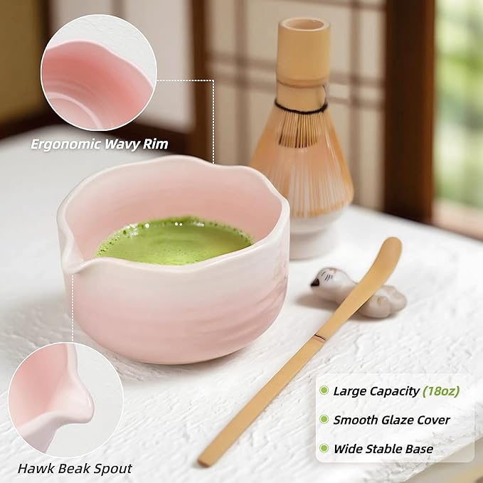Pink Matcha Whisk Set, 6 Pcs Matcha Kit Includes Pink Matcha Bowl with Spout, Macha Whisk & Holder, Tea Scoop, Stainless Sifter, Cat Scoop Rest, Unique Macha Gifts for Women, Friend, Birthday