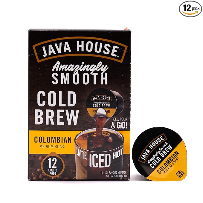 Java House Single-Serve Cold Brew Coffee Pods – Premium 100% Arabica Liquid Concentrate – Smooth & Bold Colombian Roast – 12 Pods – Ready Hot or Iced, Travel-Friendly, TSA Approved