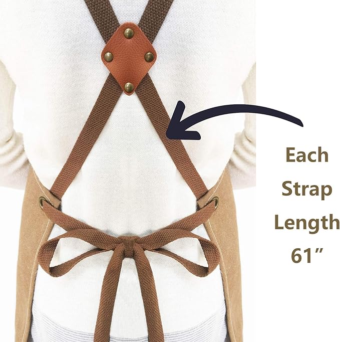 AFUN Chef Aprons for Men Women with Large Pockets, Cotton Canvas Cross Back Heavy Duty Adjustable Work Apron, Size M to XXL (Beige)
