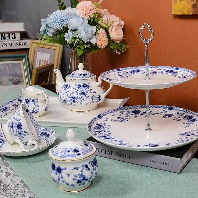 Bone China Tea Set for Adults, 13-Piece Porcelain Tea Sets,Blue and White Bone China Tea Cup Set for 4，Vintage Tea Sets for Women Tea Party or Christmas Gifts