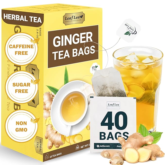 LeafLea 40 Ginger Tea Bags, 100% Pure & Natural from Dried Ginger Root Tea, Spicy & Comforting Herbal Tea Supports Digestion, Caffeine Free, Sugar Free, No Gluten, Non-GMO, Vegan