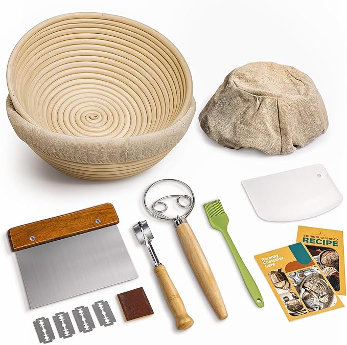 Rorecay Banneton Bread Proofing Baskets Set of 2, 9 Inch Round Cane Sourdough Bread Rising Basket Bowls with Sourdough Bread Making Tools Baking Supplies for Sour Dough Proofing Fermentation