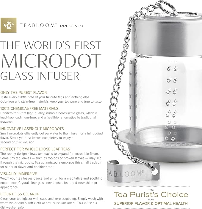 Teabloom Puresteep Glass Tea Infuser with Lid & Drip Tray – Borosilicate Glass Loose Leaf Steeper with Stainless Steel Chain – Non-Toxic – Small or Large Size