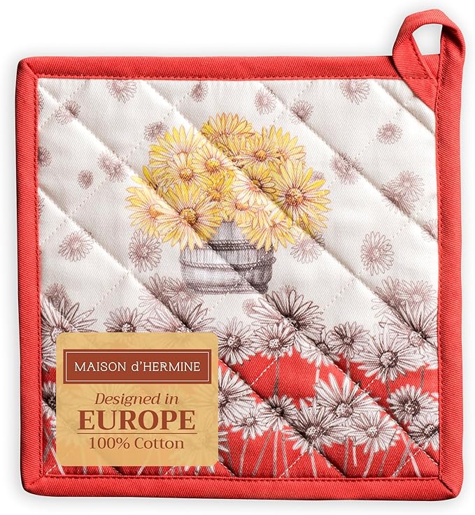 Maison d' Hermine Pot Holders 100% Cotton Heat Resistant Potholders 8" x 8" Hot Pads with Loop BBQ, Cooking, Baking, Grilling, Kitchen, Handling Hot Pans (Pack of 1, Bagatelle)