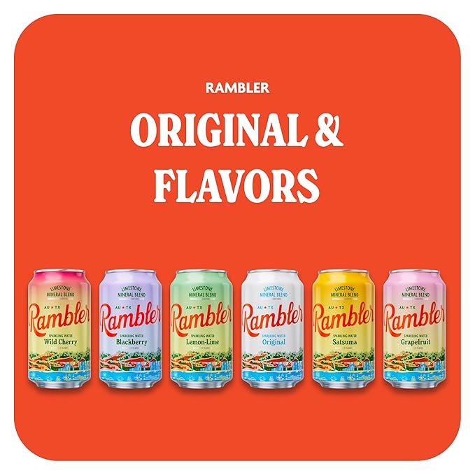 AUTX RAMBLER Sparkling Water, Texas Limestone Mineral Blend, Variety Pack (Original, Lemon-Lime, Grapefruit), 12-Ounce Cans, One 8-Pack Each x 3 Flavors (24 Cans Total)