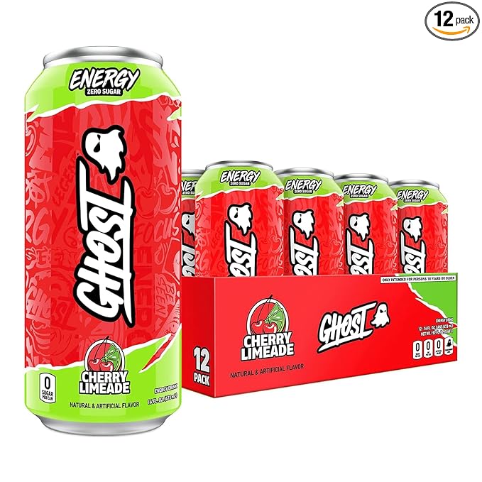 GHOST Energy Drink - 12-Pack, Cherry Limeade, 16oz - Energy & Focus & No Artificial Colors - 200mg of Natural Caffeine, L-Carnitine & Taurine - Gluten-Free & Vegan