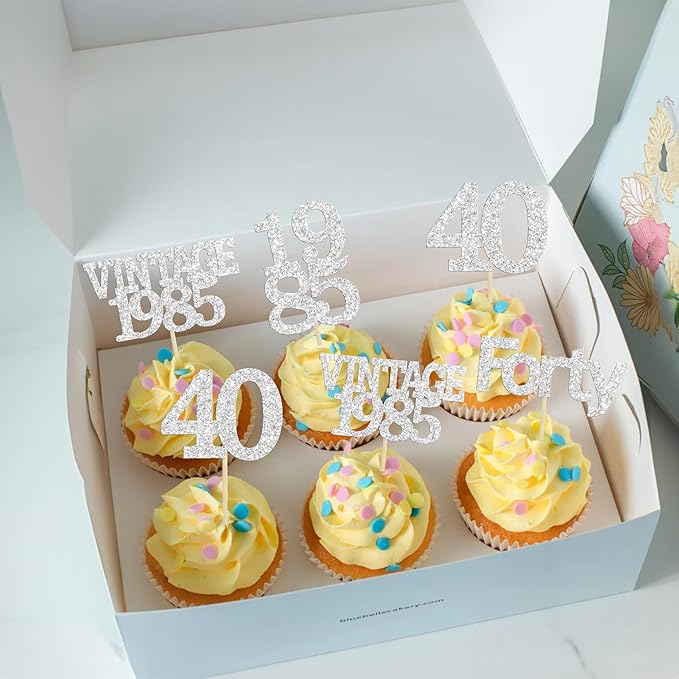 Gyufise 24Pcs Happy 40th Birthday Cupcake Toppers Glitter Forty 40 Fabulous Vintage 1985 Cake Toppers for 40th Birthday Wedding Anniversary Party Cake Decorations Supplies Silver