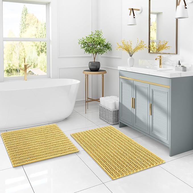 Arotive Luxury Chenille Bathroom Rug Mat, Extra Soft Thick Absorbent Shaggy Bath Rugs, Non-Slip Machine Wash Dry, Plush Bath Mats for Bathroom, Shower and Tub, 47x17, Yellow
