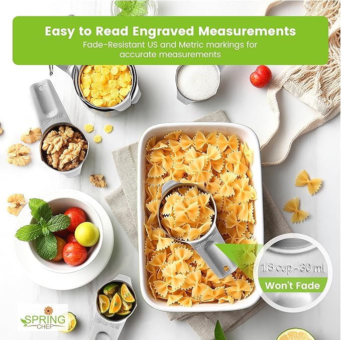 Spring Chef Stainless Steel Measuring Cups and Spoons Set of 14 with Leveler, Nesting Kitchen Metal Measuring Cups and Spoons Set for Dry and Liquid Ingredients, Perfect for Cooking & Baking