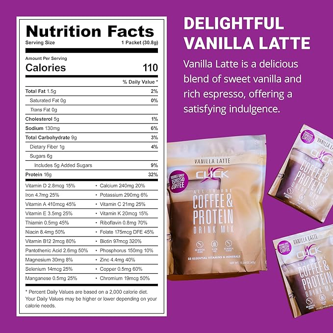 Click Coffee Protein Powder | Double Shot Espresso | 16g Protein | 23 Essential Vitamins | Low Calorie Meal Replacement | 150mg Caffeine | Gluten Free | No Artificial Flavors or Colors | Vanilla