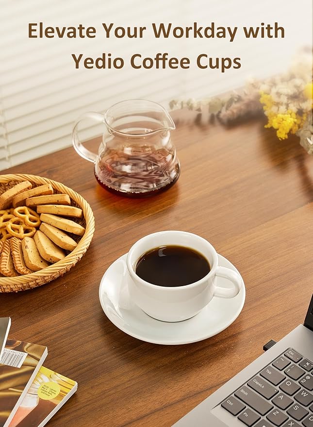 Yedio Porcelain 8 oz Coffee Cups with Saucers and Metal Stand, Porcelain Stackable Cappuccino Cups with Metal Stand, White, Set of 4