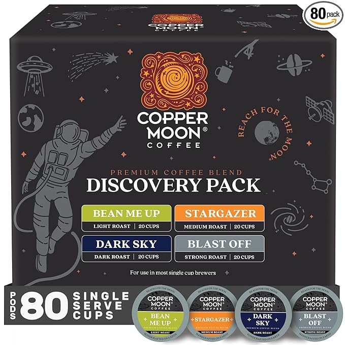 Copper Moon Single Serve Coffee Pods for Keurig K-Cup Brewers, Light, Medium & Dark Roast, Discovery Variety Pack, 80 Count