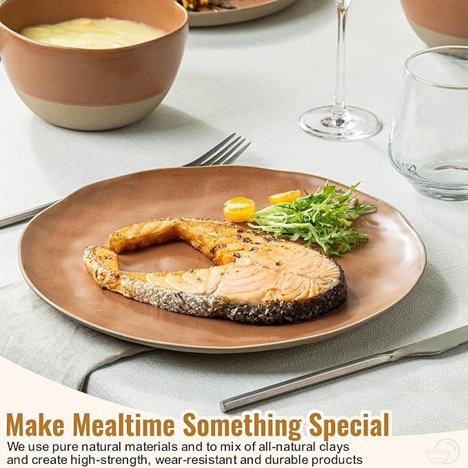 12 Pieces Dinnerware Sets,Plates and Bowls Sets, Handmade Reactive Glaze Dishes Set for 4 with at Least 10% Recycled Ceramic(Brownish Red)