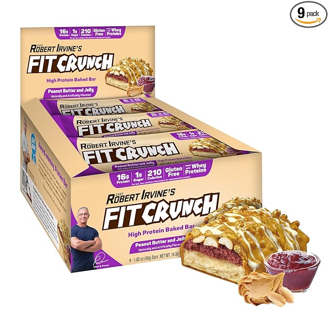 FITCRUNCH Snack Size Protein Bars, Designed by Robert Irvine, 6-Layer Baked Bar, 1g of Sugar, Gluten Free & Soft Cake Core (9 Bars, Peanut Butter and Jelly)