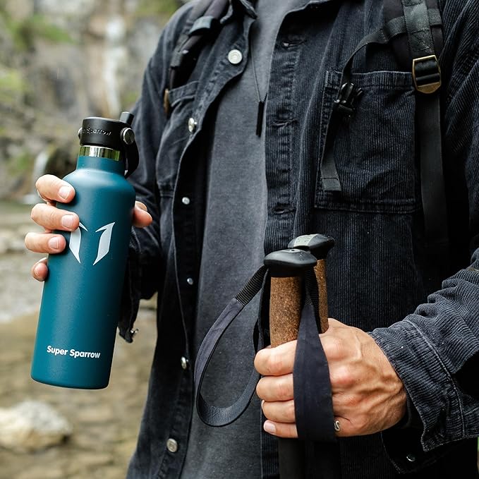 Super Sparrow Insulated Water Bottle - 17 Oz / 25 Oz / 32 Oz - Standard Mouth FlipFlow Flask - BPA Free, Leak Proof Drink Bottle- Ergonomic Straw Water Bottles for Work, Gym, Travel, Sports