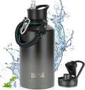 HASLE OUTFITTERS Half Gallon Insulated Water Bottles 64 oz, Stainless Steel Metal Water Jug with 2 Lids Keep Cold 48h/Hot 24h, Leak Proof & BPA-Free Water Flask Jug(Black Gray Gradient,1)