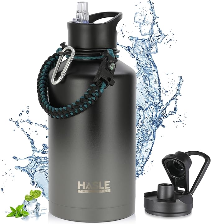 HASLE OUTFITTERS Half Gallon Insulated Water Bottles 64 oz, Stainless Steel Metal Water Jug with 2 Lids Keep Cold 48h/Hot 24h, Leak Proof & BPA-Free Water Flask Jug(Black Gray Gradient,1)