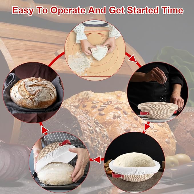 Banneton Bread Proofing Basket & Silicone Baking Mat Set, Oval & Round Sourdough Bread Baking Supplies Proofing Bowls with Liner & Cover Cotton Rope Sourdough Banneton Basket for Bread Making (Khaki)