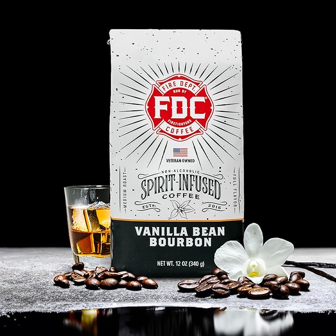 Fire Department Coffee - Vanilla Bourbon Coffee - Gives Back to Firefighters - Vanilla Bean Bourbon Infused - Ground Medium Roast - Non-Alcoholic - Roasted in the USA - Veteran Owned - 12 oz