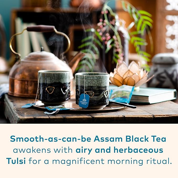 ORGANIC INDIA Tulsi Breakfast Herbal Tea - Black Tea, Holy Basil, Relieve Stress & Energize, USDA Organic, Non-GMO, Caffeinated - 18 Bags, 3 Pack