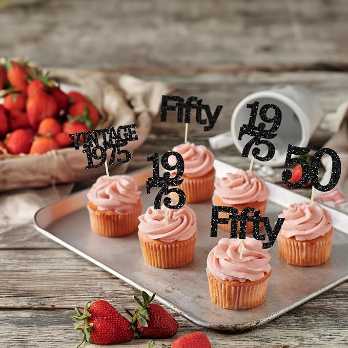Gyufise 24Pcs Vintage 1975 Cupcake Toppers Cheers to 50 Fabulous Fifty Cupcake Picks 50th Birthday Wedding Anniversary Party Cake Decorations Supplies Black