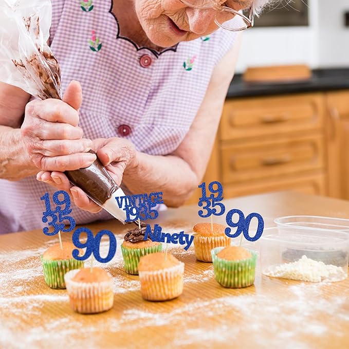 Gyufise 24Pcs Vintage 1935 Cupcake Toppers Glitter Cheers to 90 Fabulous Ninety Cupcake Picks 90th Birthday Wedding Anniversary Party Cake Decorations Supplies Deep Blue