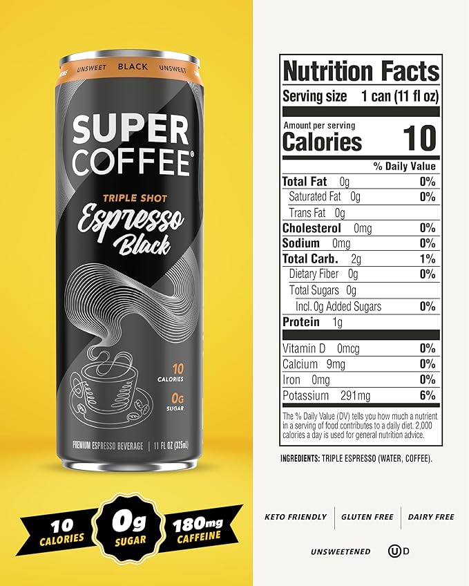 SUPER COFFEE Espresso, Iced Keto Coffee (0g Added Sugar, 10 Calories) [Triple Shot Black] 11 Fl Oz, 12 Pack | Cold Brew, Smart Coffee Drinks - SoyFree GlutenFree