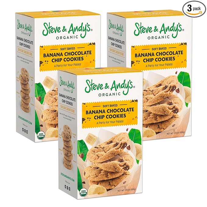 Steve & Andy’s Soft Bake Chocolate Chip Banana Bread Cookies -Organic, Gluten Free, Non-Gmo, Vegan, Dairy Free, Nut Free, Egg Free, Wheat Free, Soy Free – 16.5 Oz, 3 Boxes (30 Cookies)