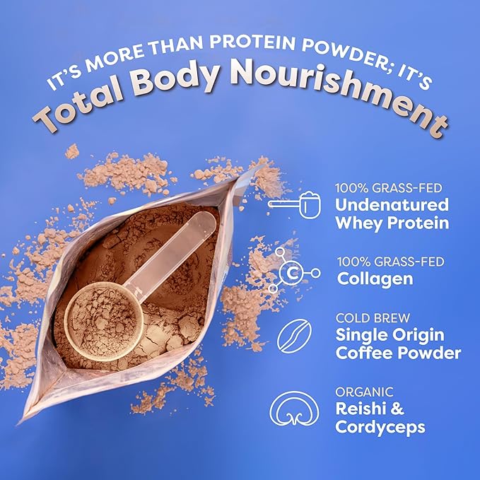 FlavCity Grass Fed Whey Protein Powder - Butter Coffee - 25g Protein, 10g Collagen & 87mg Caffeine - Made with Organic Reishi & Cordyceps - Gluten Free & No Added Sugars (20 Servings)