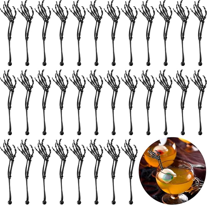 Remerry 100 Pcs Halloween Skeleton Swizzle Sticks Cocktail Garnish Sticks Hand Plastic Food Picks Coffee Stirrers Reusable Drink Stir Sticks Halloween Party Decorations for Birthday Bar Home(Black)