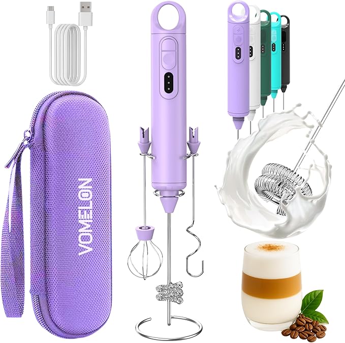 Rechargeable Milk Frother Handheld 3 Speed Coffee Foamer [3 Whisk] Electric Drink Mixer for Latte, Cappuccino, Coffee, Eggs, Hot Chocolate, Purple