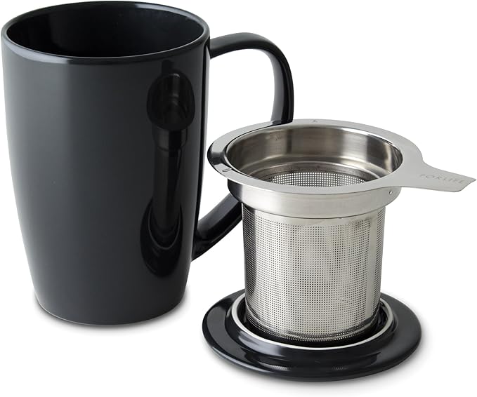 FORLIFE Curve Tall Tea Mug with Infuser and Lid 15 ounces, Black Graphite